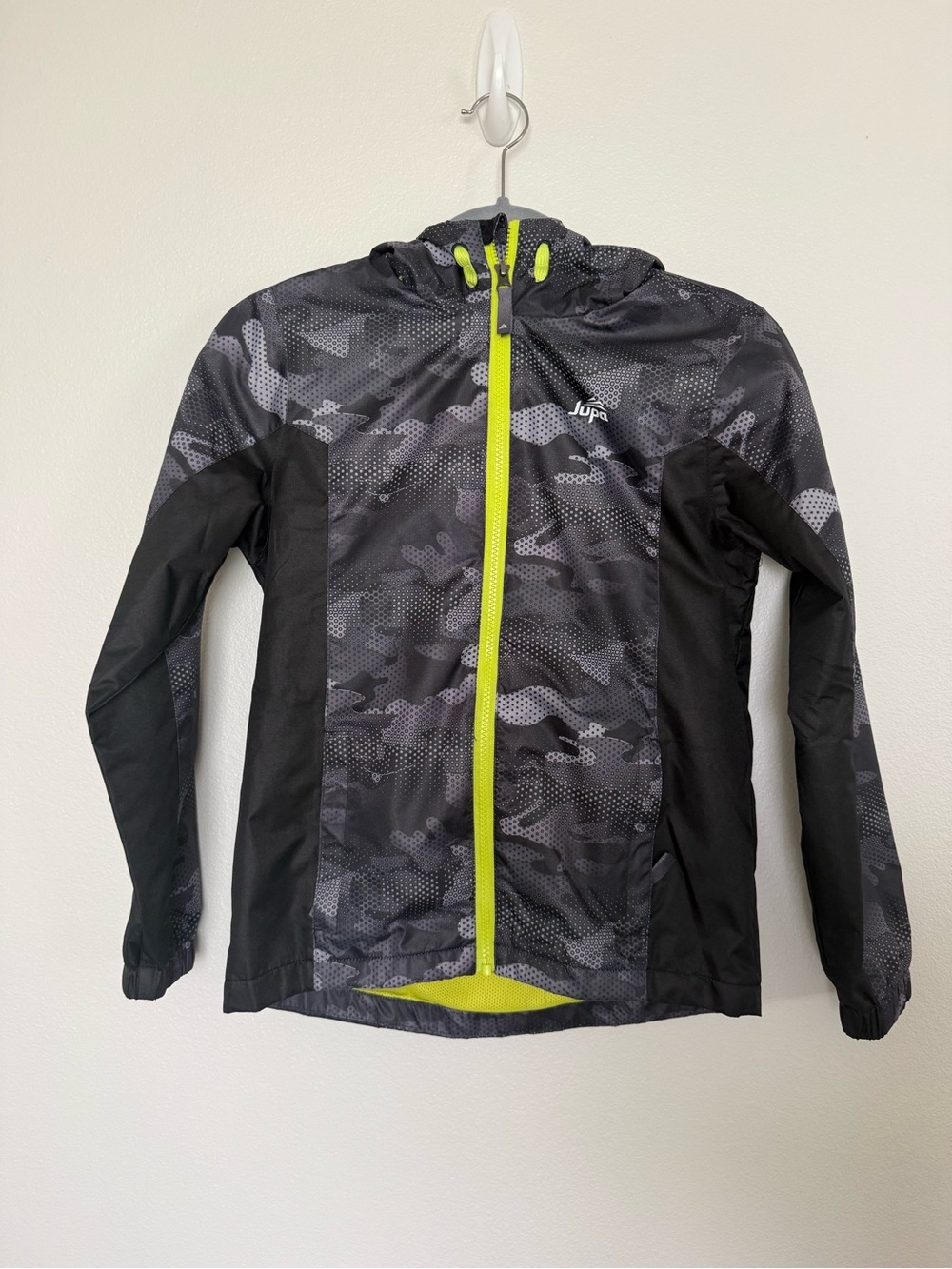 Jupa Kids' Black Camo Rain Jacket with Neon Yellow Trim